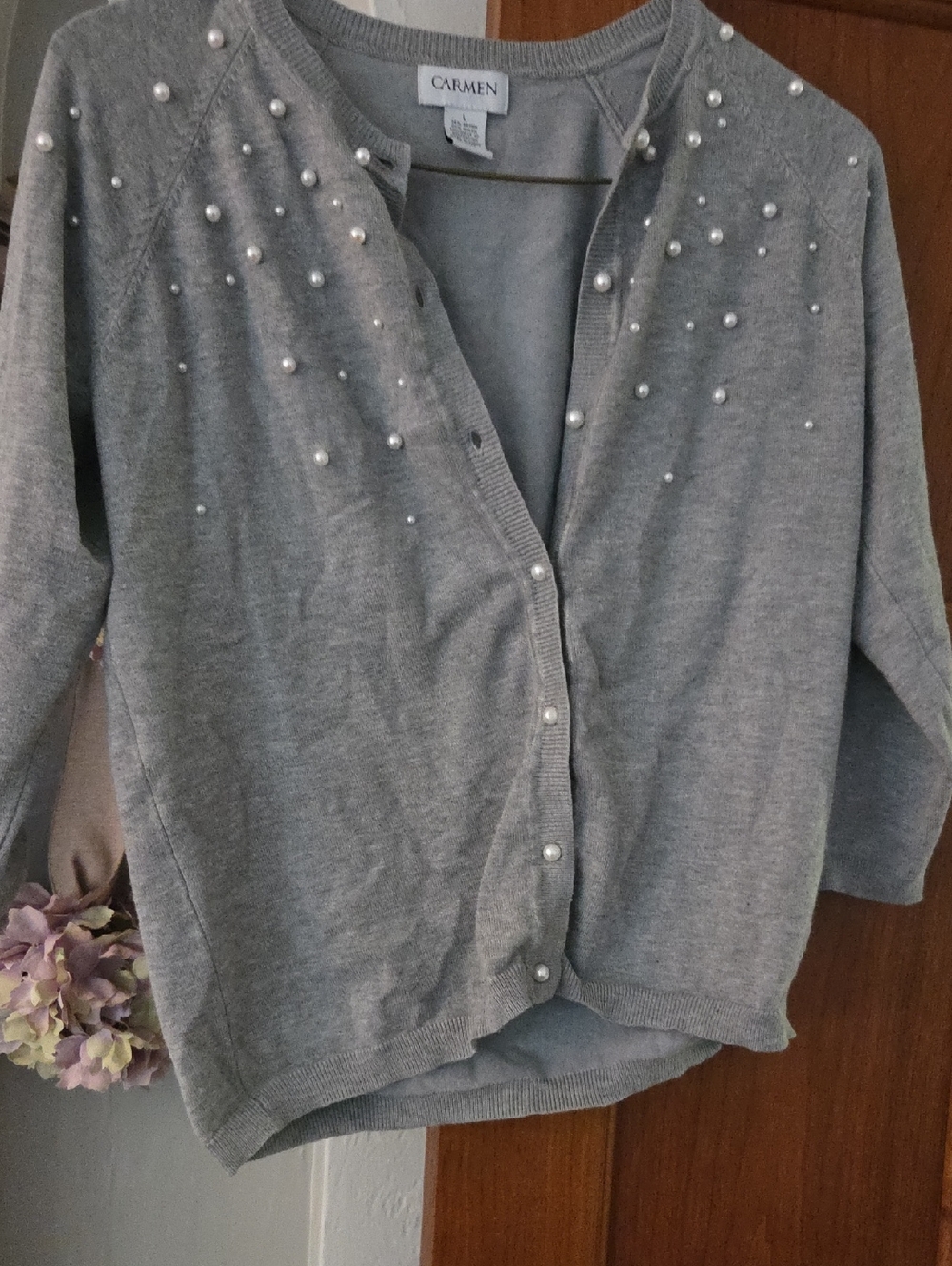 Carmen Grey Pearl-Embellished Women's Cardigan Sweater